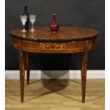 An early 20th century Italian marquetry centre table, circular top, tapered square legs, 74.5cm