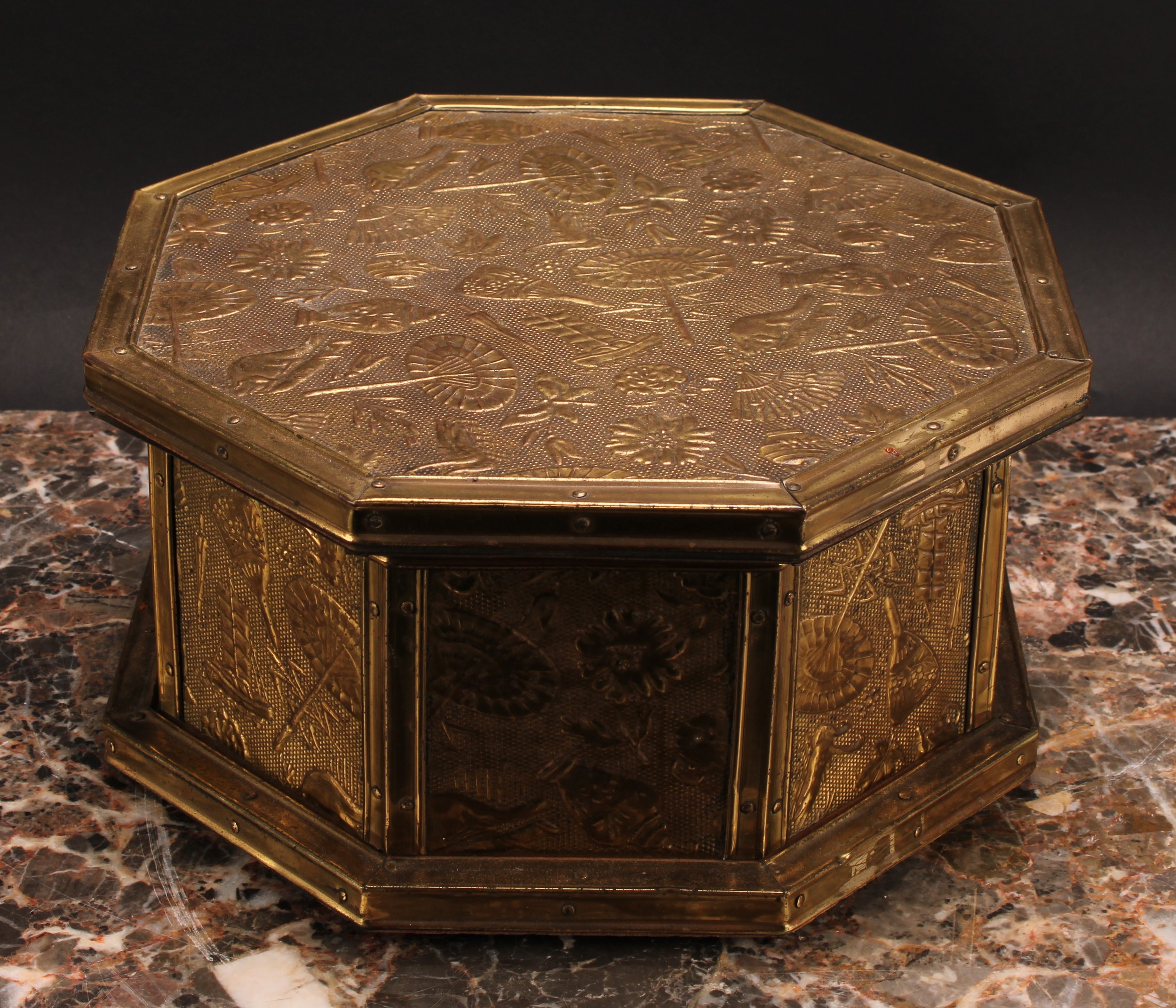 An early 20th century brass mounted octagonal sewing box, embossed in the Aesthetic Movement taste - Image 2 of 3