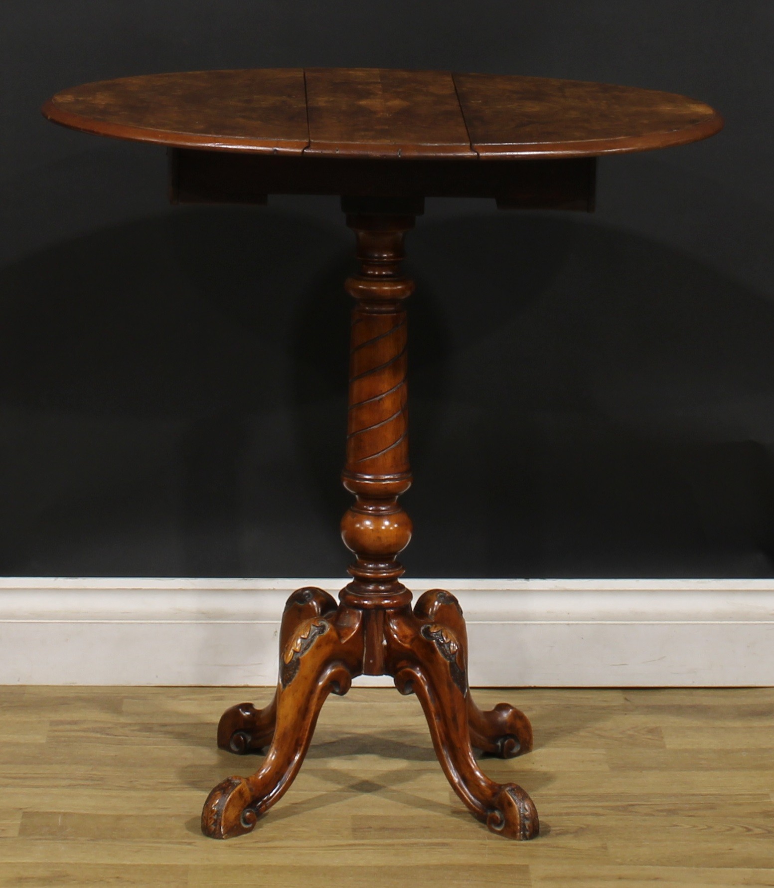 A Victorian walnut occasional table, quarter-veneered oval top with moulded edge and fall leaves, - Image 2 of 7