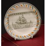 A Dixon, Austin & Co pearlware miniature plate, A Trifle From Sunderland, printed with tall ships,
