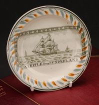 A Dixon, Austin & Co pearlware miniature plate, A Trifle From Sunderland, printed with tall ships,