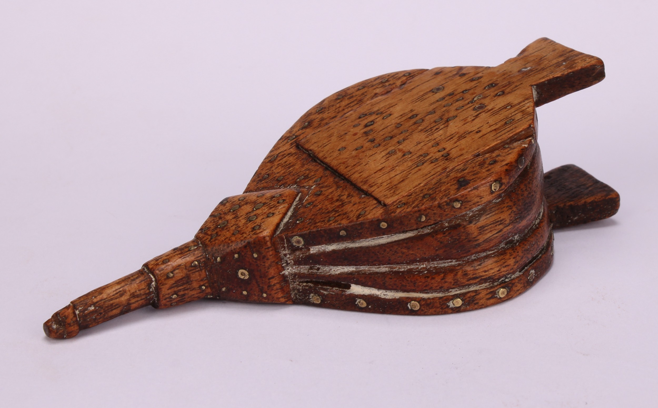 A 19th century novelty treen snuff box, as bellows, decorated with brass pin work, sliding cover, - Image 3 of 4