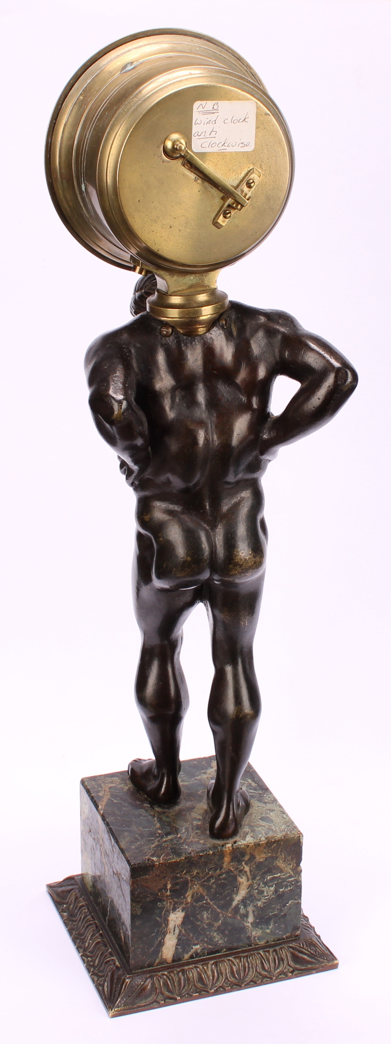 A a dark patinated bronze figural clock, Atlas, Arnold & Dent, 84, Strand London, marble cube base - Image 4 of 4