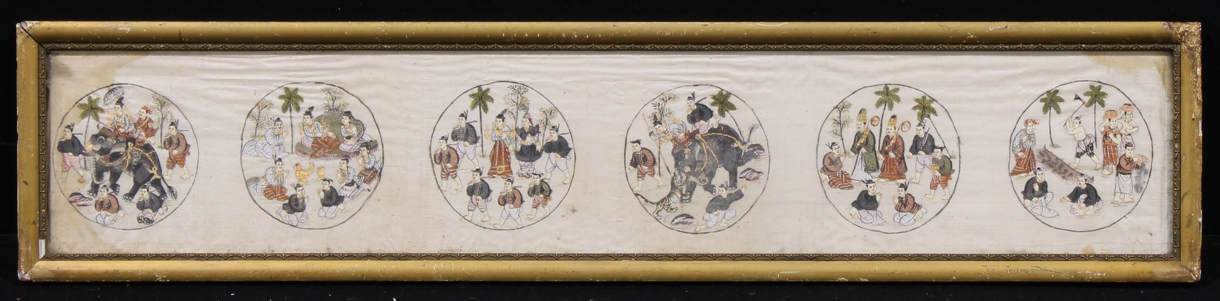 A 19th century Burmese silk panel, painted with six roundels depicting court scenes, tiger - Image 2 of 2