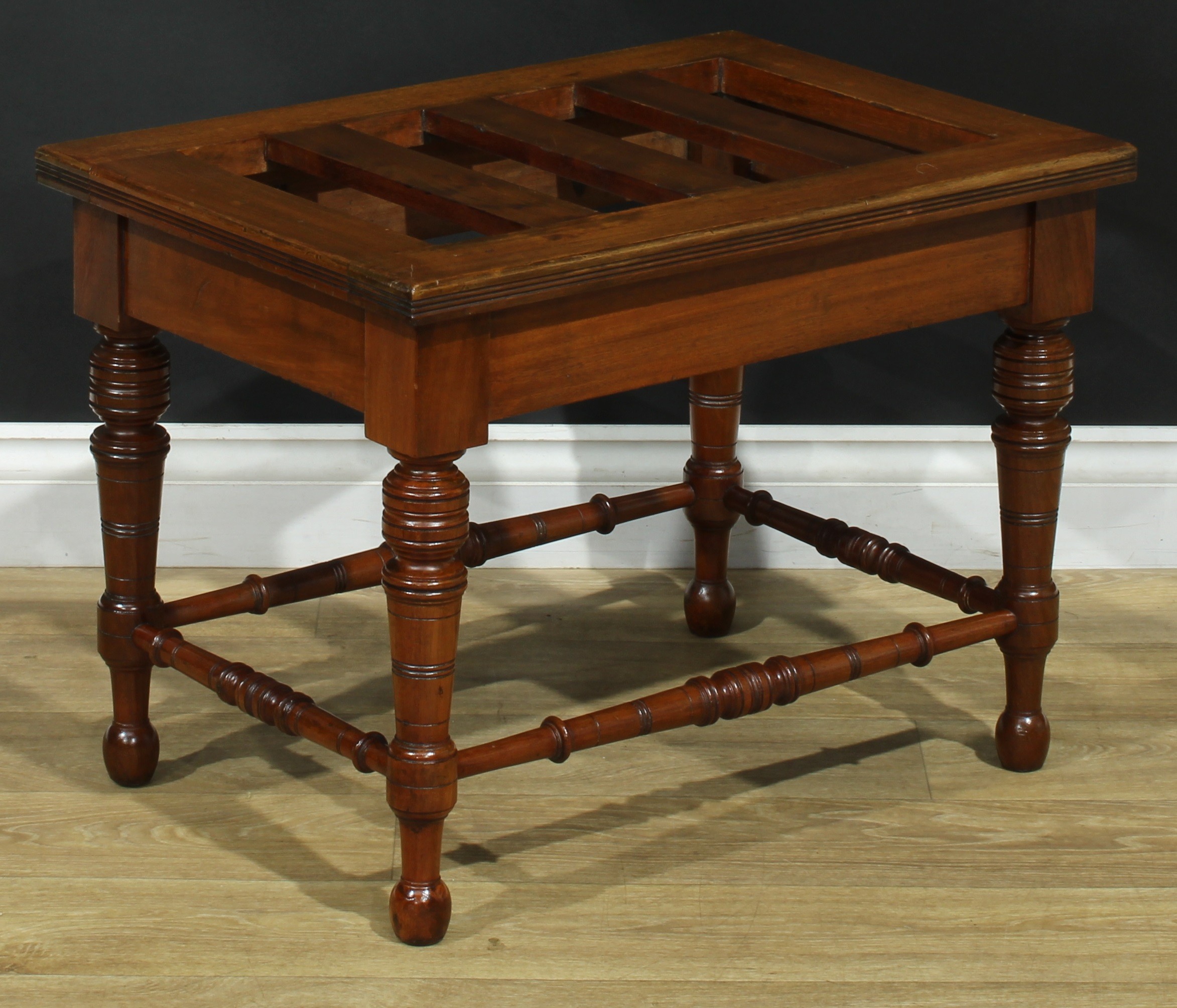 A pair of late Victorian walnut and mahogany rectangular luggage stands, each with oversailing - Image 7 of 9