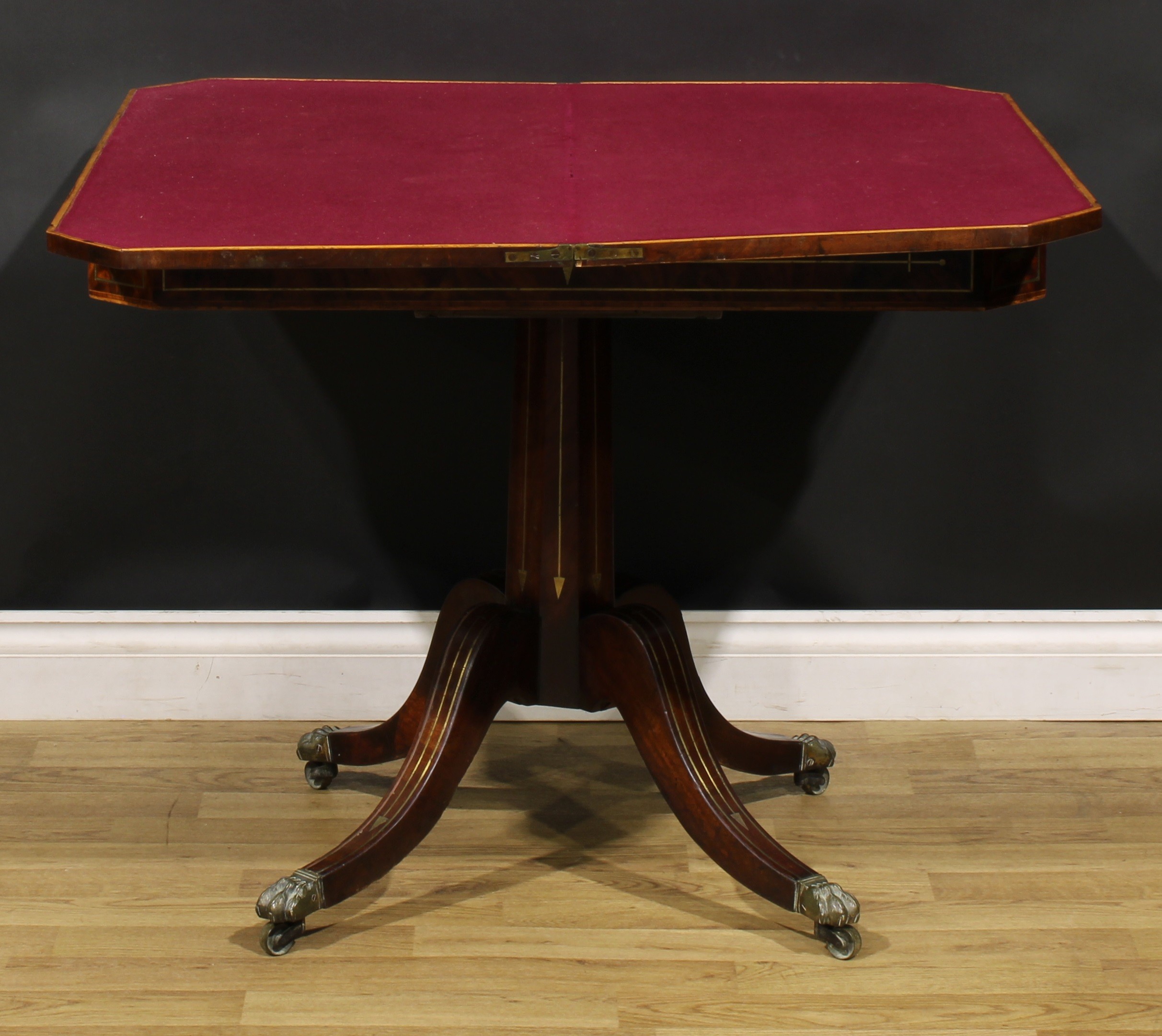 A Regency mahogany and brass marquetry card table, hinged top enclosing a baize lined playing - Image 3 of 6
