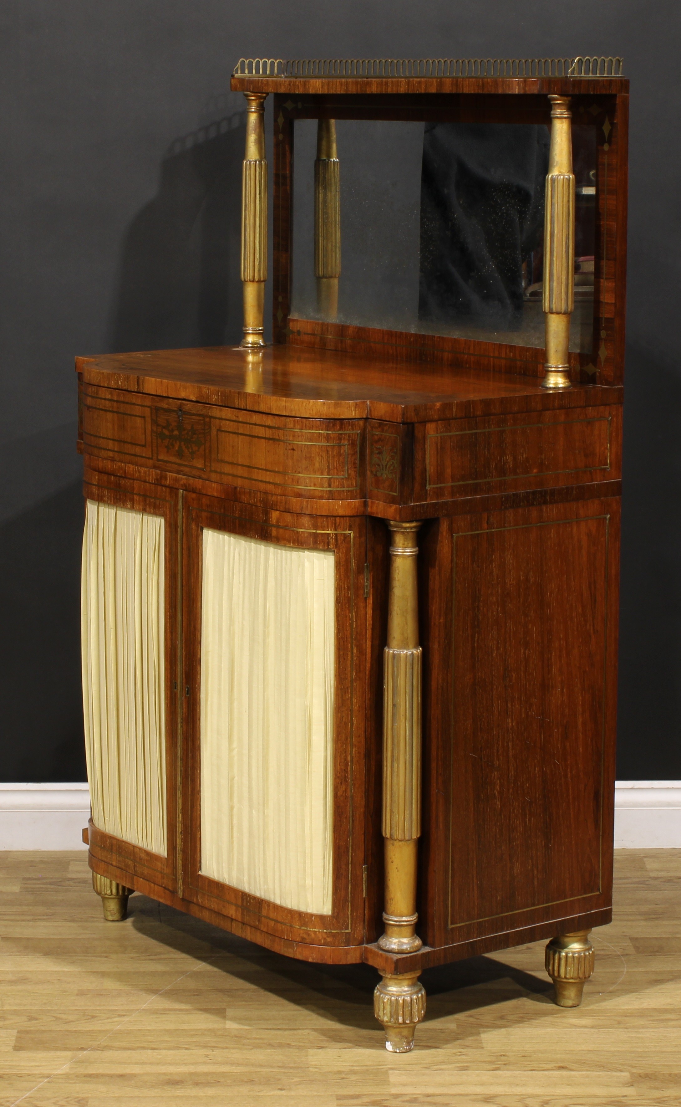 A Regency rosewood, brass marquetry and giltwood and gesso pier cabinet, three-quarter gallery above - Image 5 of 6