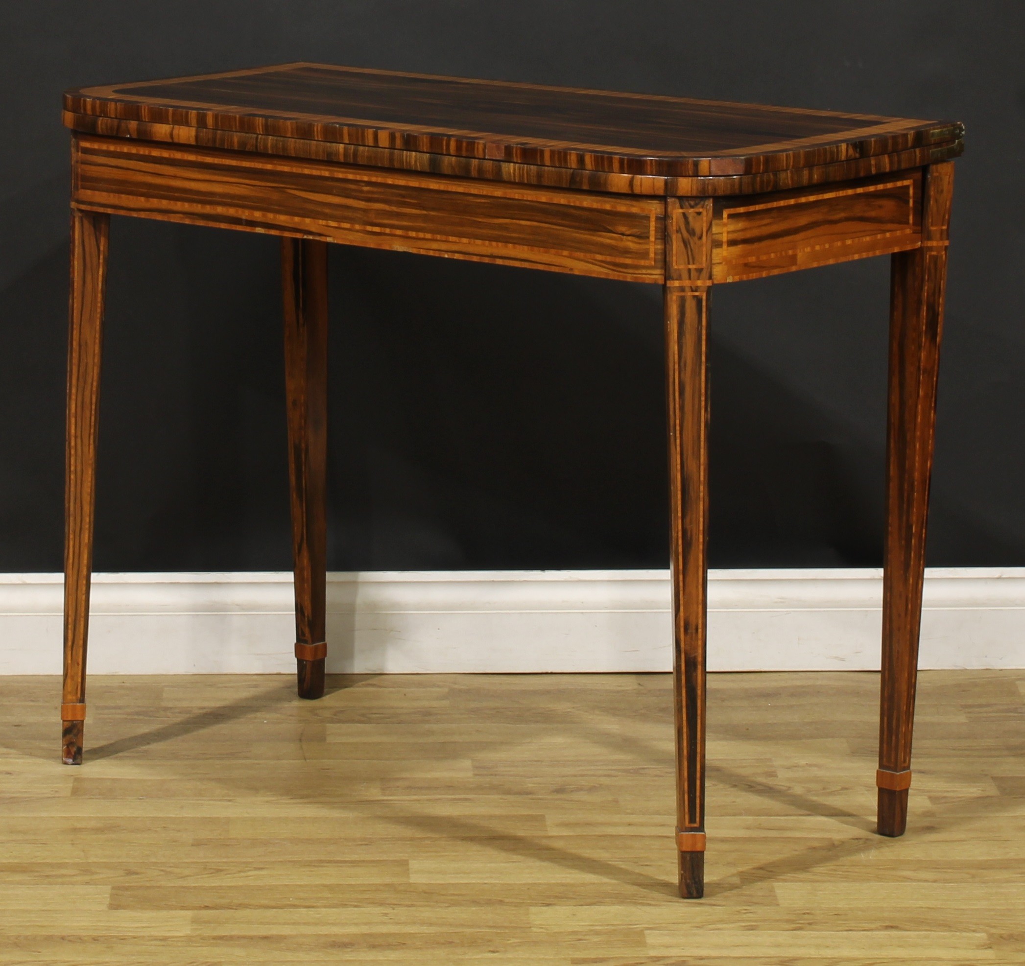 A George III satinwood crossbanded coromandel card table, hinged top enclosing a baize lined playing - Image 5 of 6