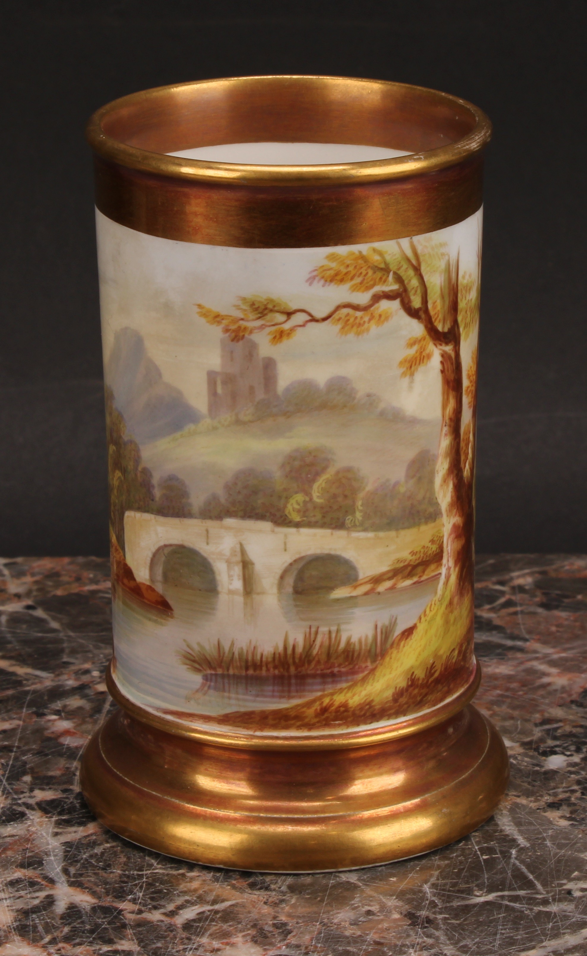 A pair of English porcelain cylindrical spill vases, each painted with a continuous lakeside - Image 8 of 12