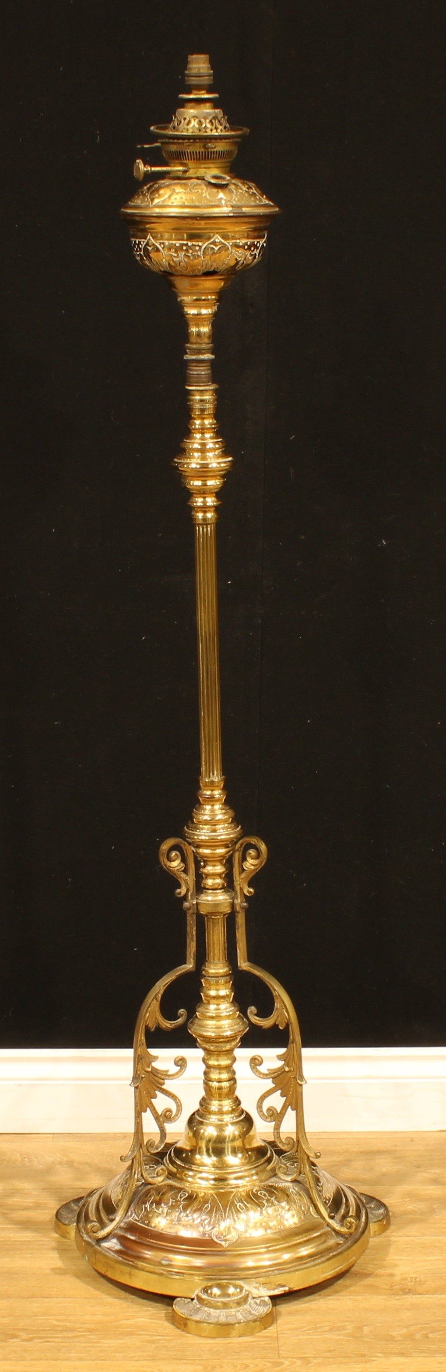 Interior Design - a brass floor lamp, converted from an oil lamp, 142cm high under fitting