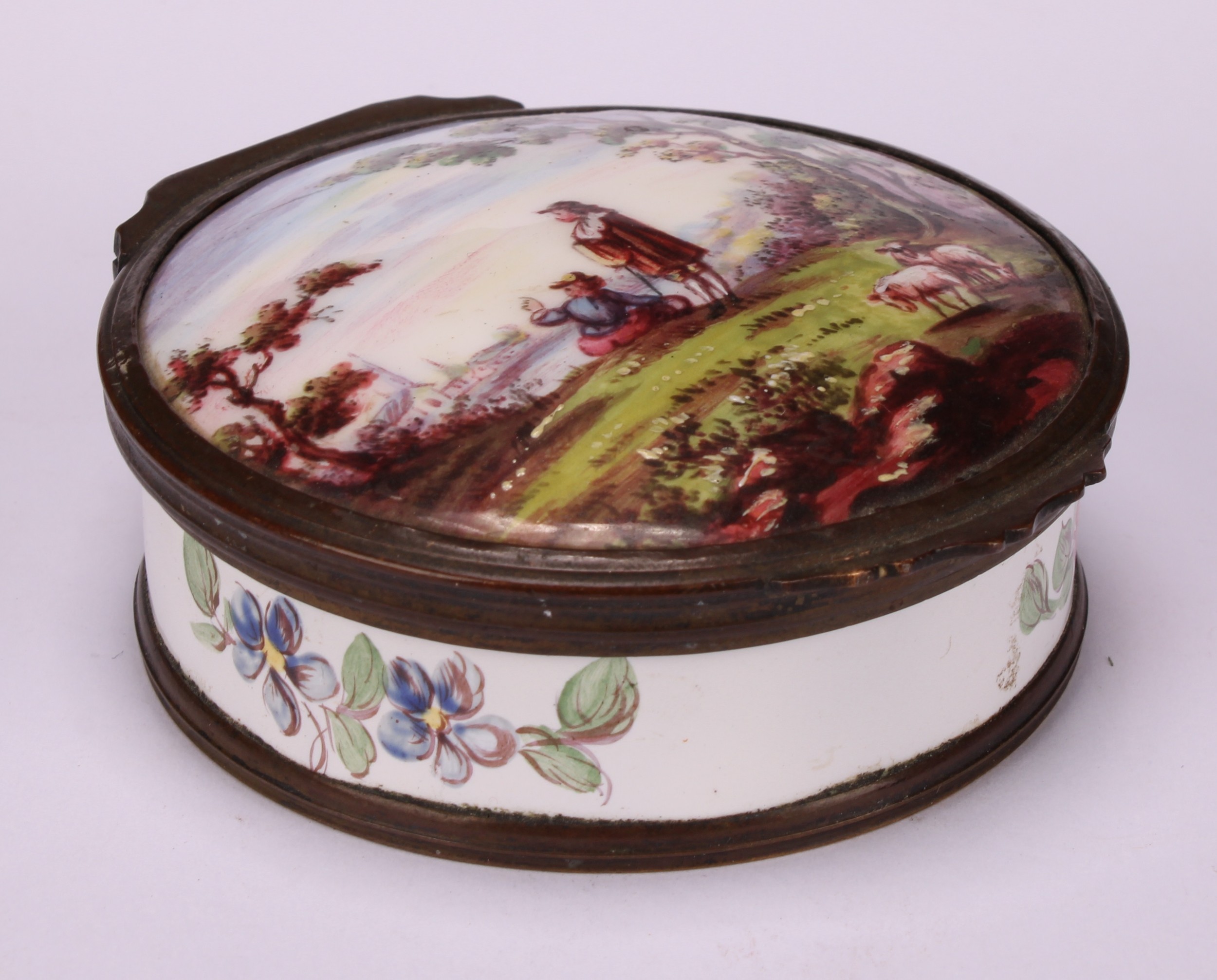 A 19th century enamel circular table snuff box, hinged cover painted with young shepherds in a - Image 3 of 5