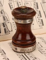 A Victorian silver mounted oak pepper mill or grinder, 9cm high, London 1896