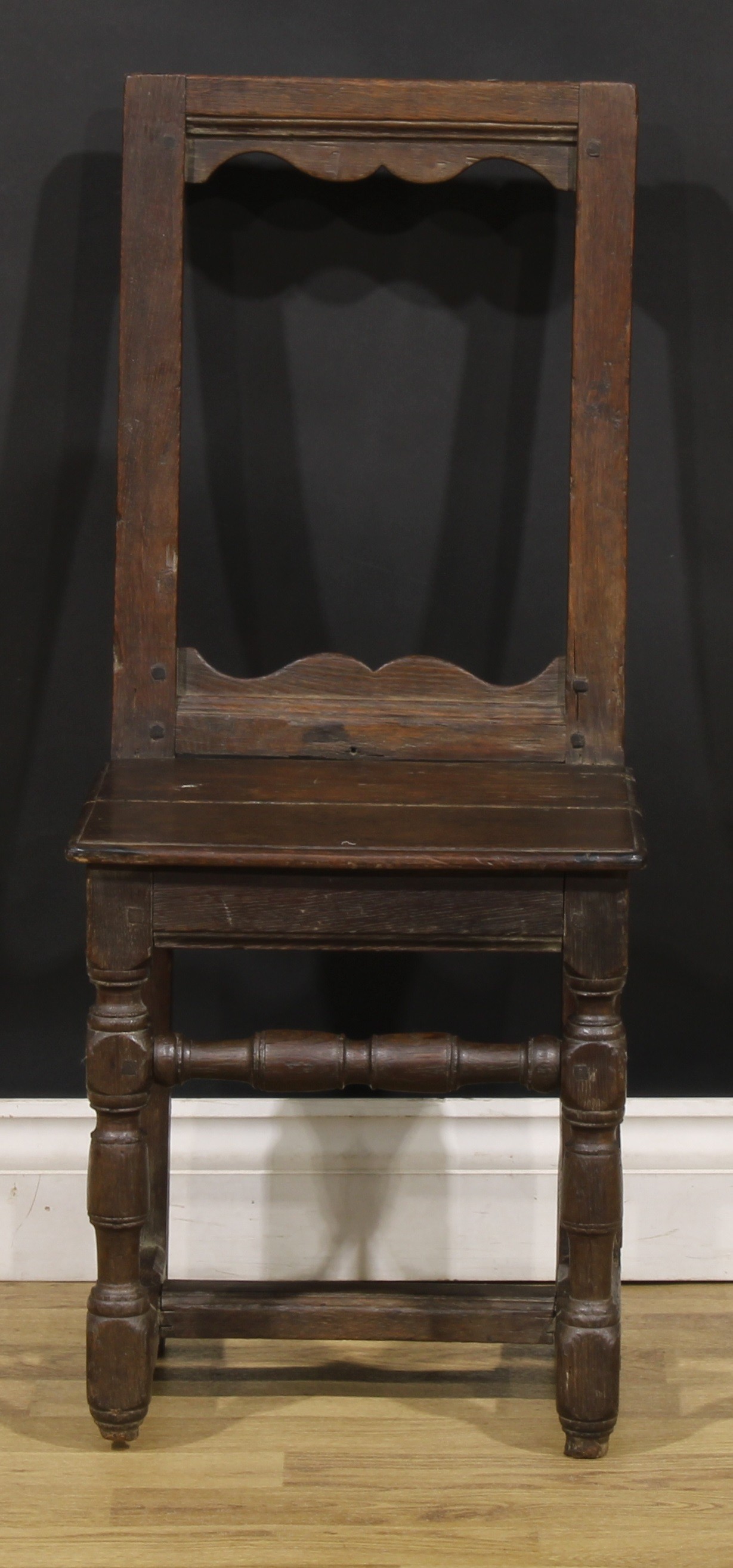 A near pair of 17th century oak backstools, boarded seats, turned legs and stretchers, one - Image 6 of 9