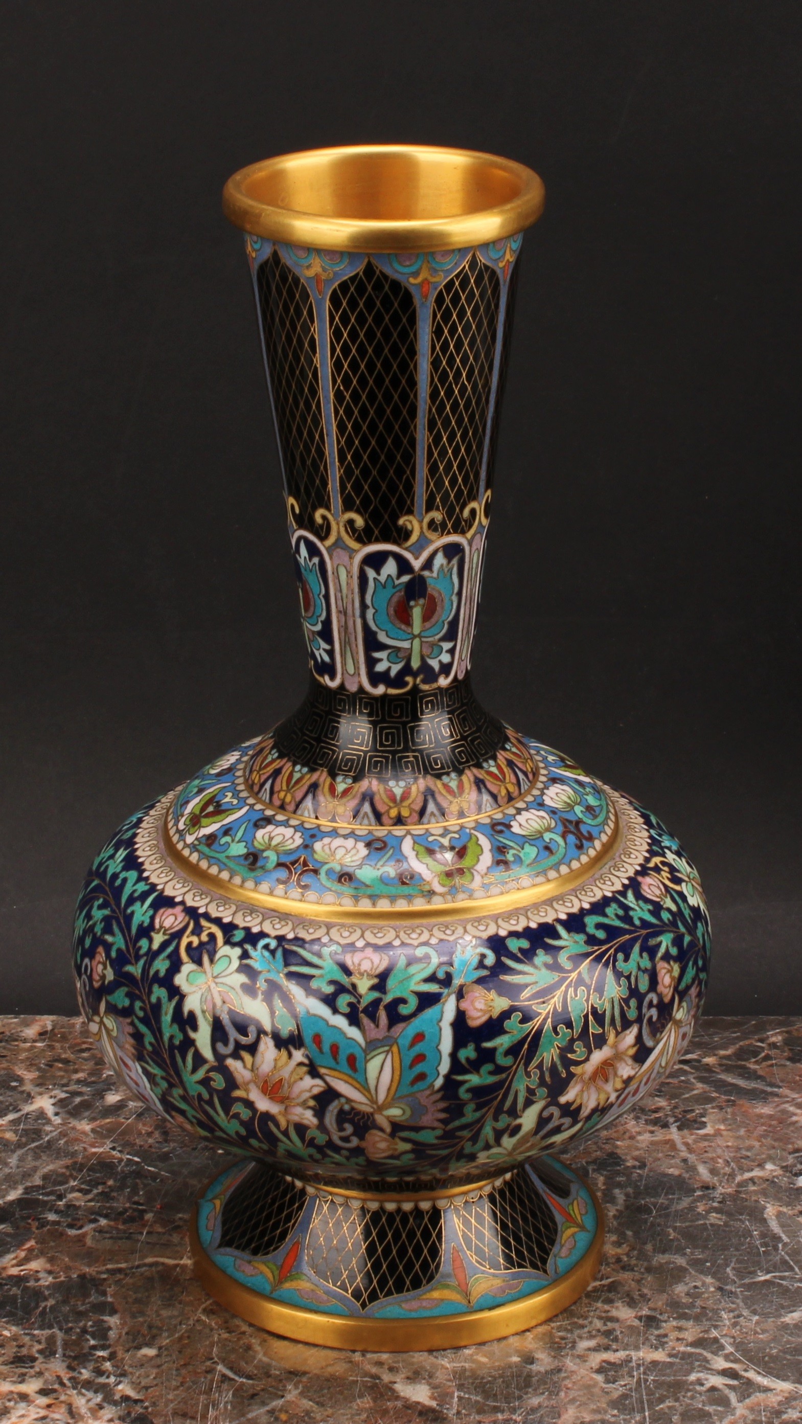 A pair of Chinese cloisonne enamel ovoid pedestal vases, brightly decorated in polychrome with - Image 3 of 6