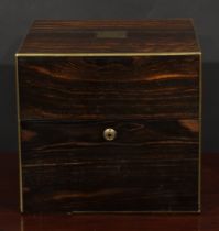 A Victorian coromandel four-section decanter box, hinged cover, flush campaign type handles to