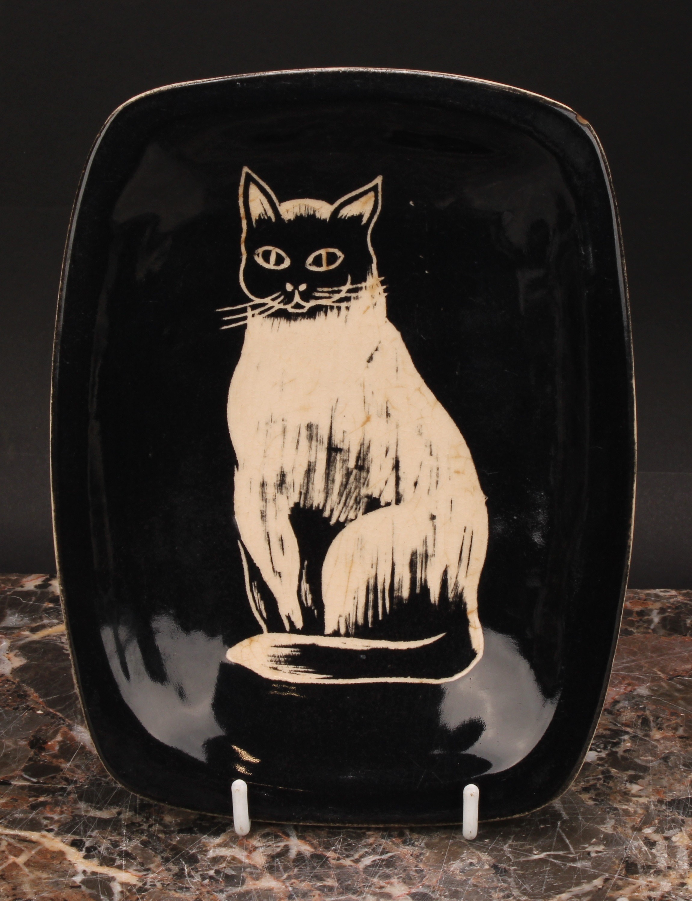 A mid-20th century studio pottery dish, by Eric Leaper for Newlyn Pottery, decorated with a cat, - Image 2 of 4