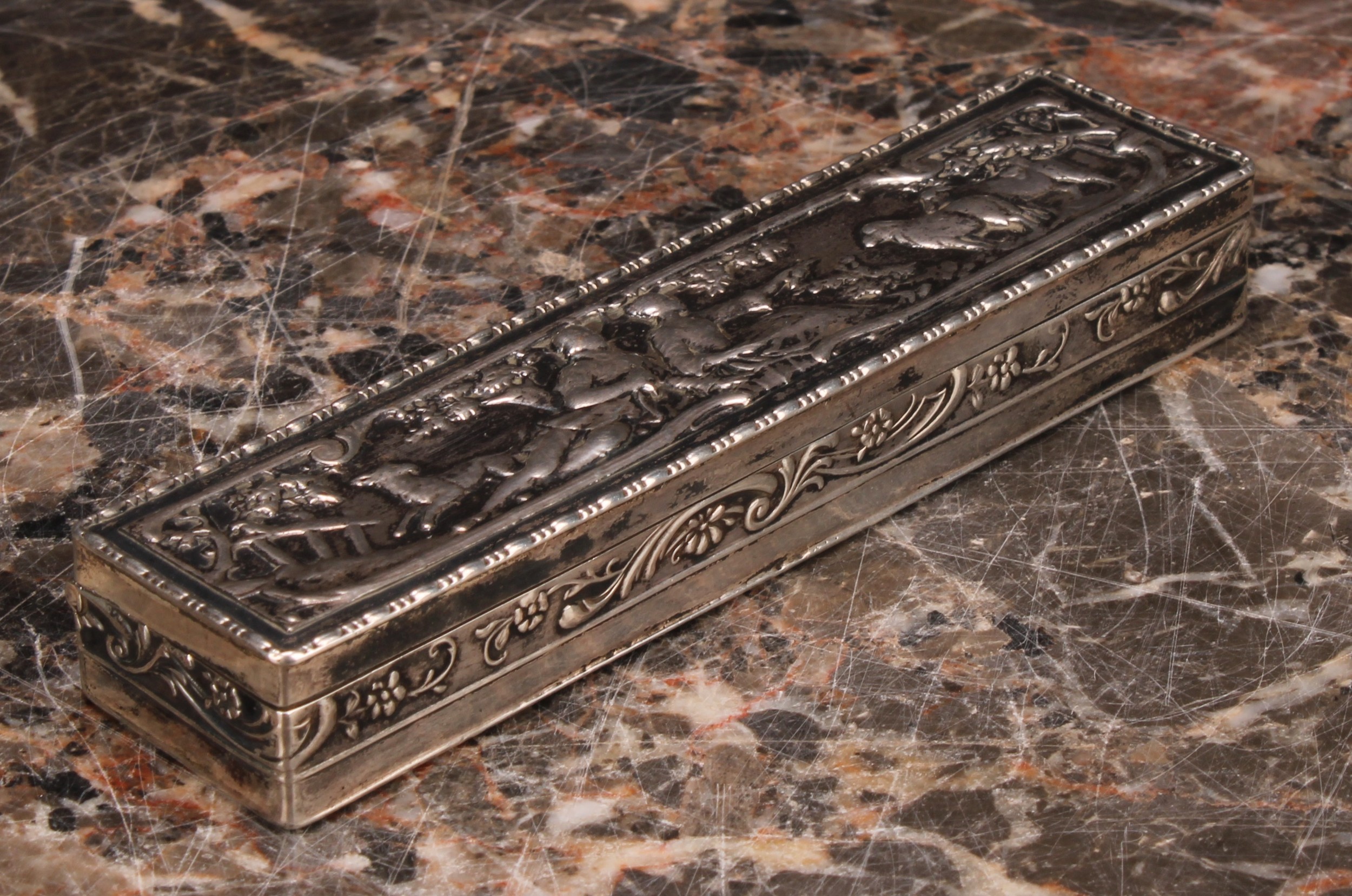 A 19th century Continental silver toothpick box, hinged cover chased with a courting couple in a - Image 3 of 5