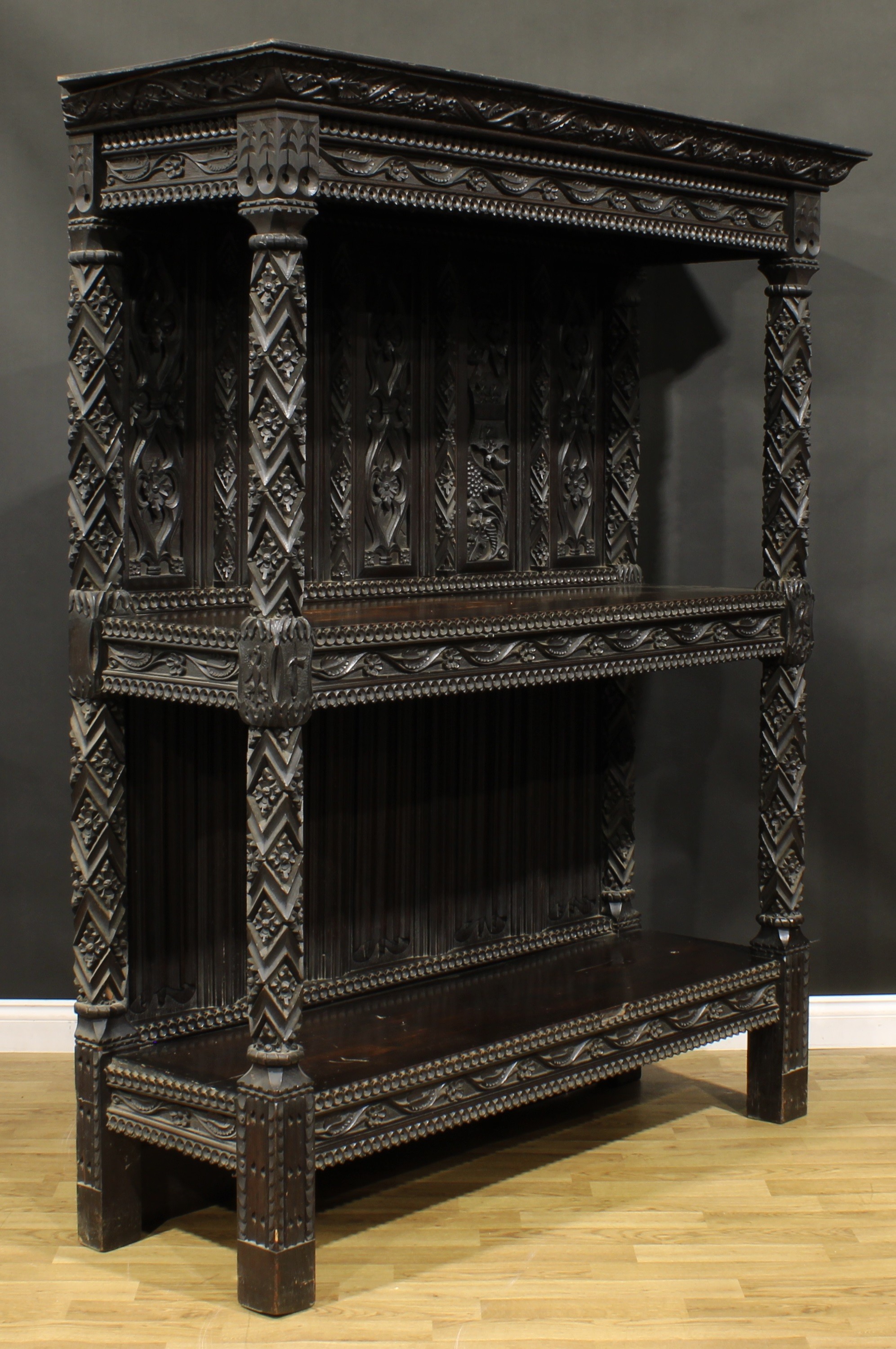 A 19th century oak buffet or cup-board, in the manner of George Shaw, outswept cornice above two - Image 3 of 4