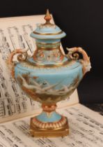 A Royal Worcester pedestal vase and cover, painted by Charles Baldwin, signed, with swans, on a blue