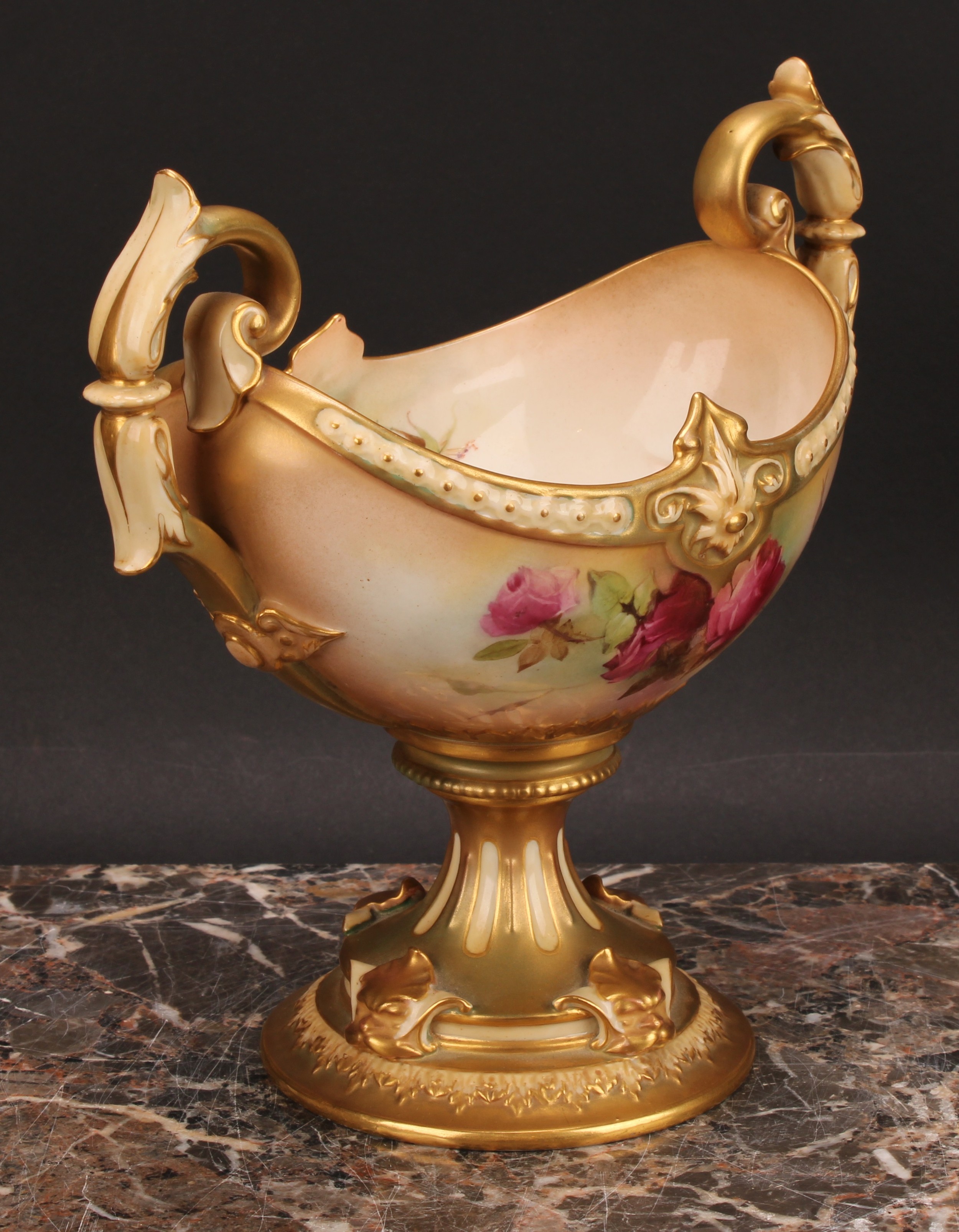 A Royal Worcester boat shaped pedestal vase, painted by K Austin, signed, with roses, on a blush - Image 3 of 6