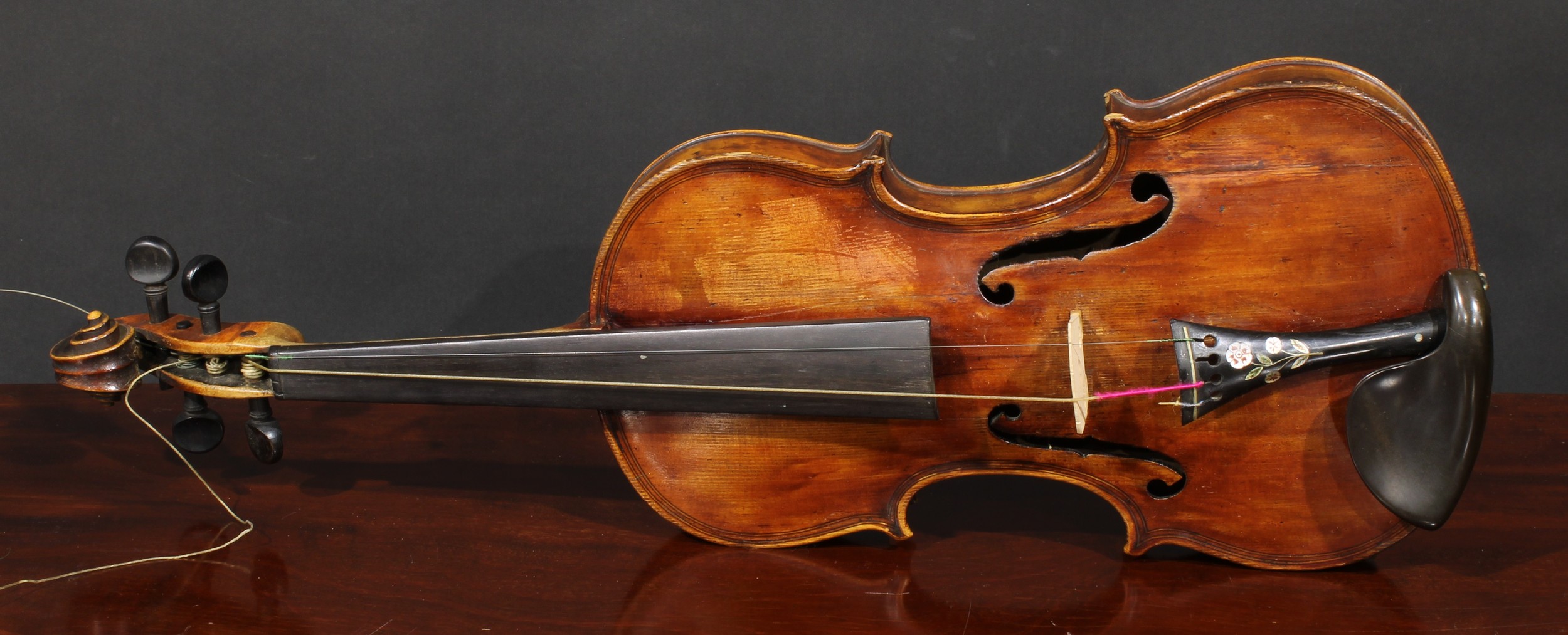 A violin, the two-piece maple back 35.5cm long excluding button, paper label printed Copy of Gio - Image 2 of 14