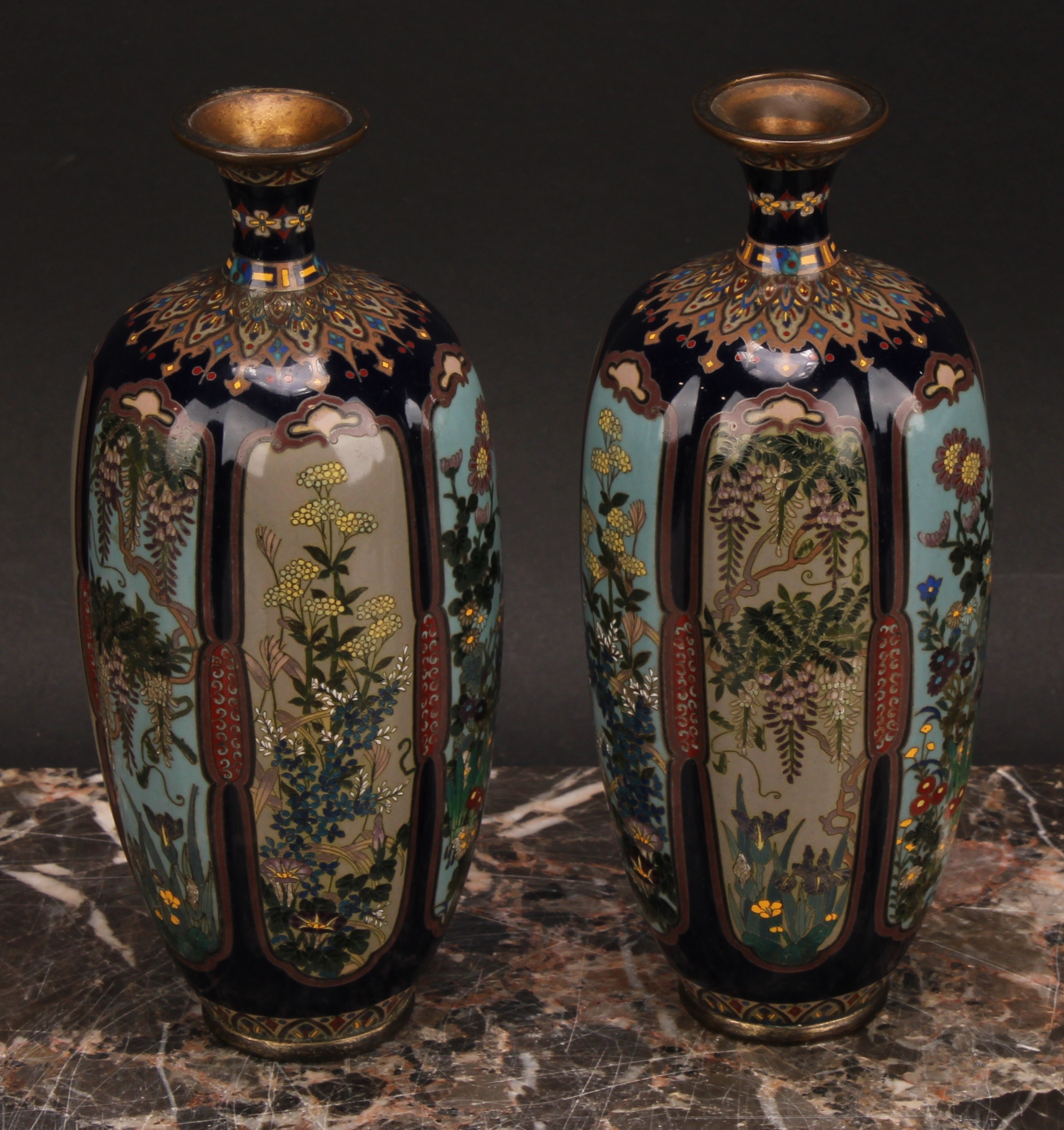 A pair of Japanese cloisonne enamel lobed ovoid vases, painted in polychrome with flowers within - Image 3 of 6