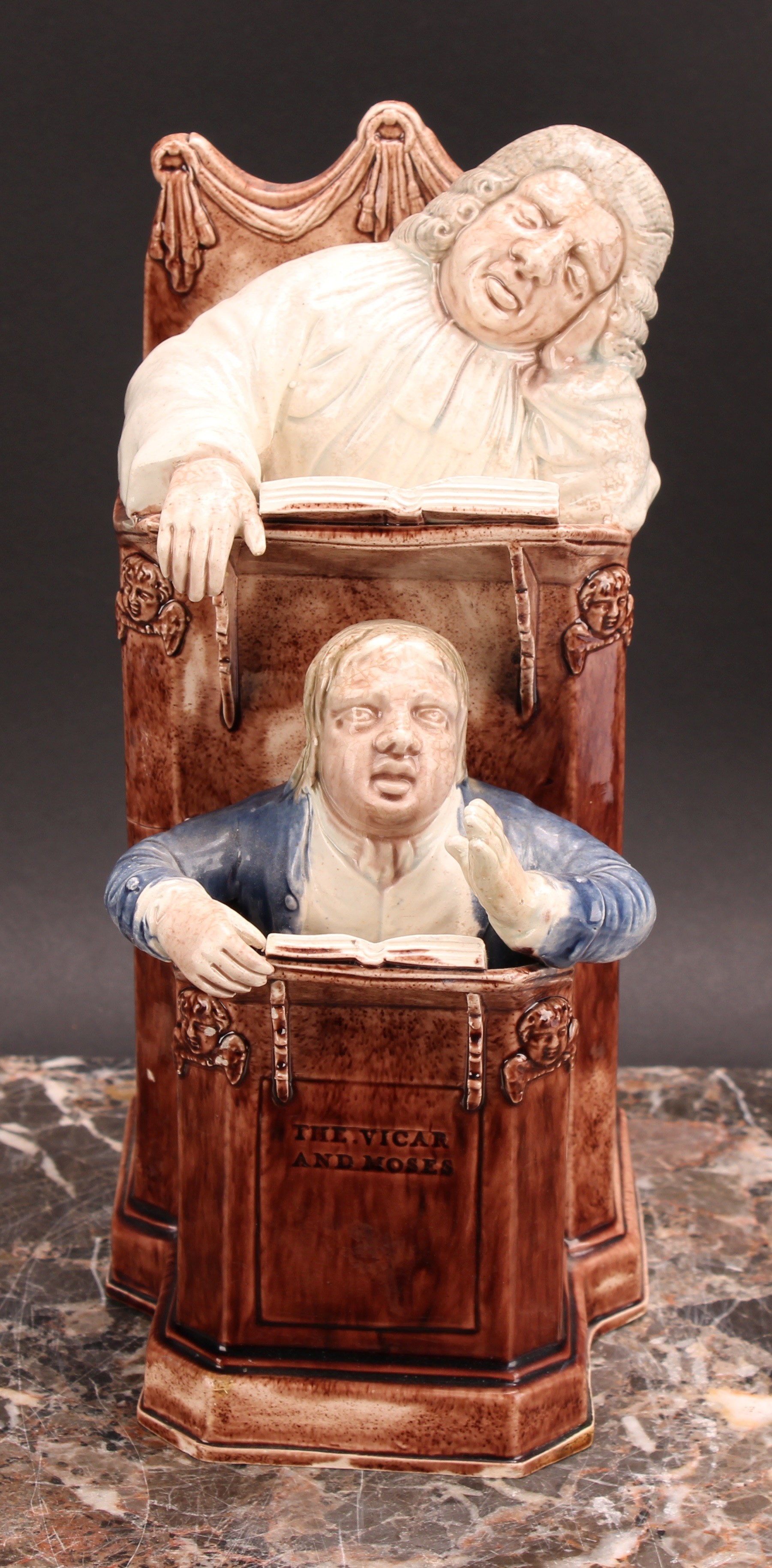 A Staffordshire pearlware figure group, The Vicar and Moses, with a sleeping vicar in the higher - Image 2 of 6