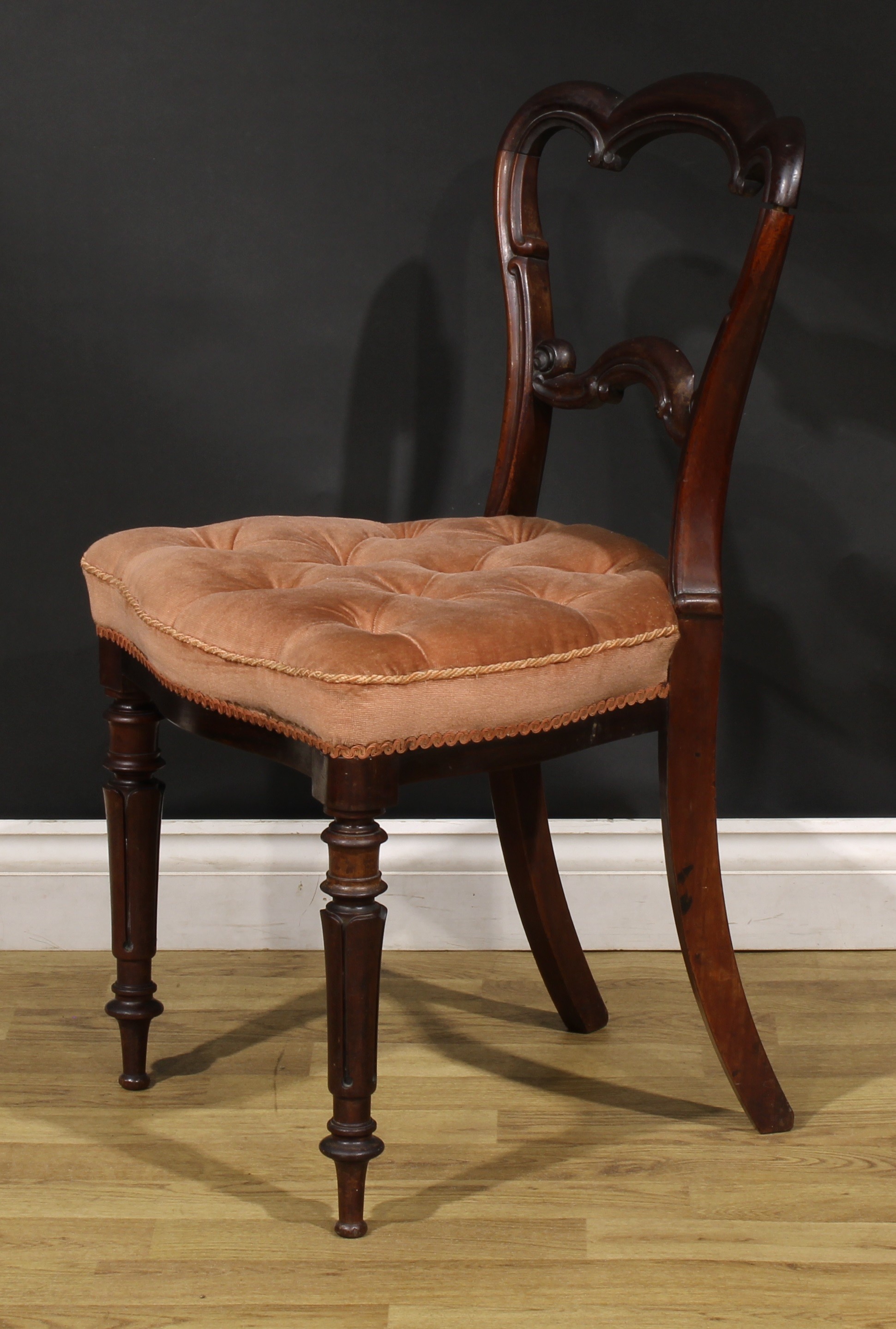 A set of six early Victorian solid rosewood dining chairs, cartouche shaped backs, stuffed-over - Image 4 of 5