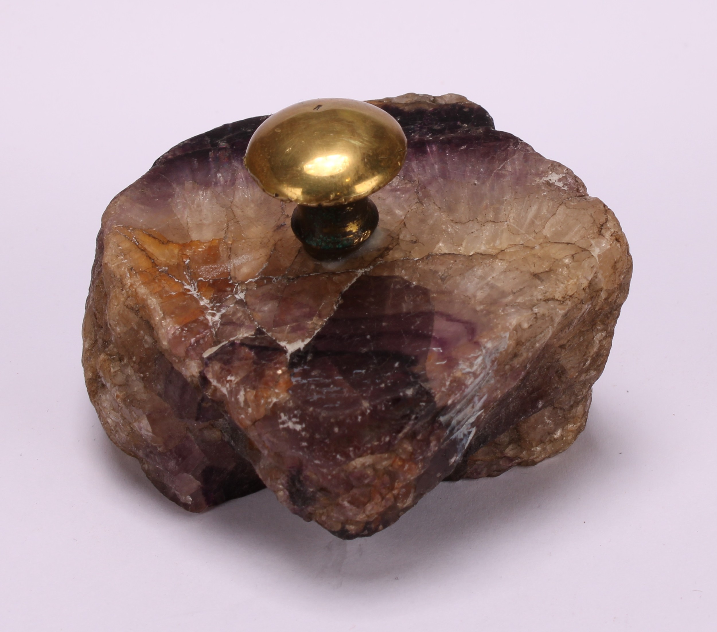 A 19th century Derbyshire Blue John specimen, as a desk weight, brass handle, 7cm wide - Image 3 of 4