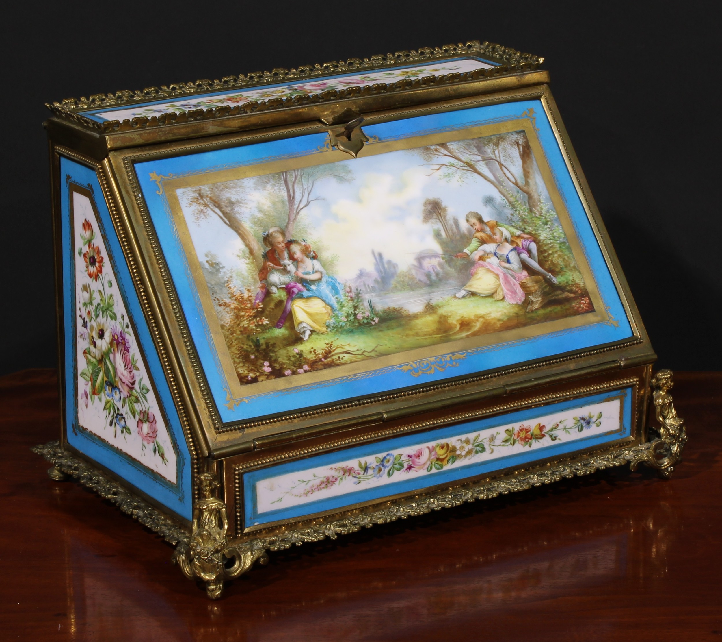 A 19th century French Palais Royal gilt metal and porcelain mounted table top writing and stationery