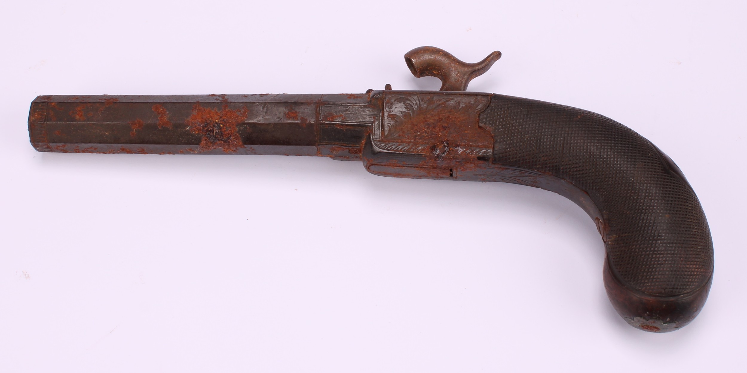 A 19th century percussion belt pistol, 13.5cm octagonal barrel, integral ramrod, chequered grip, - Image 6 of 10