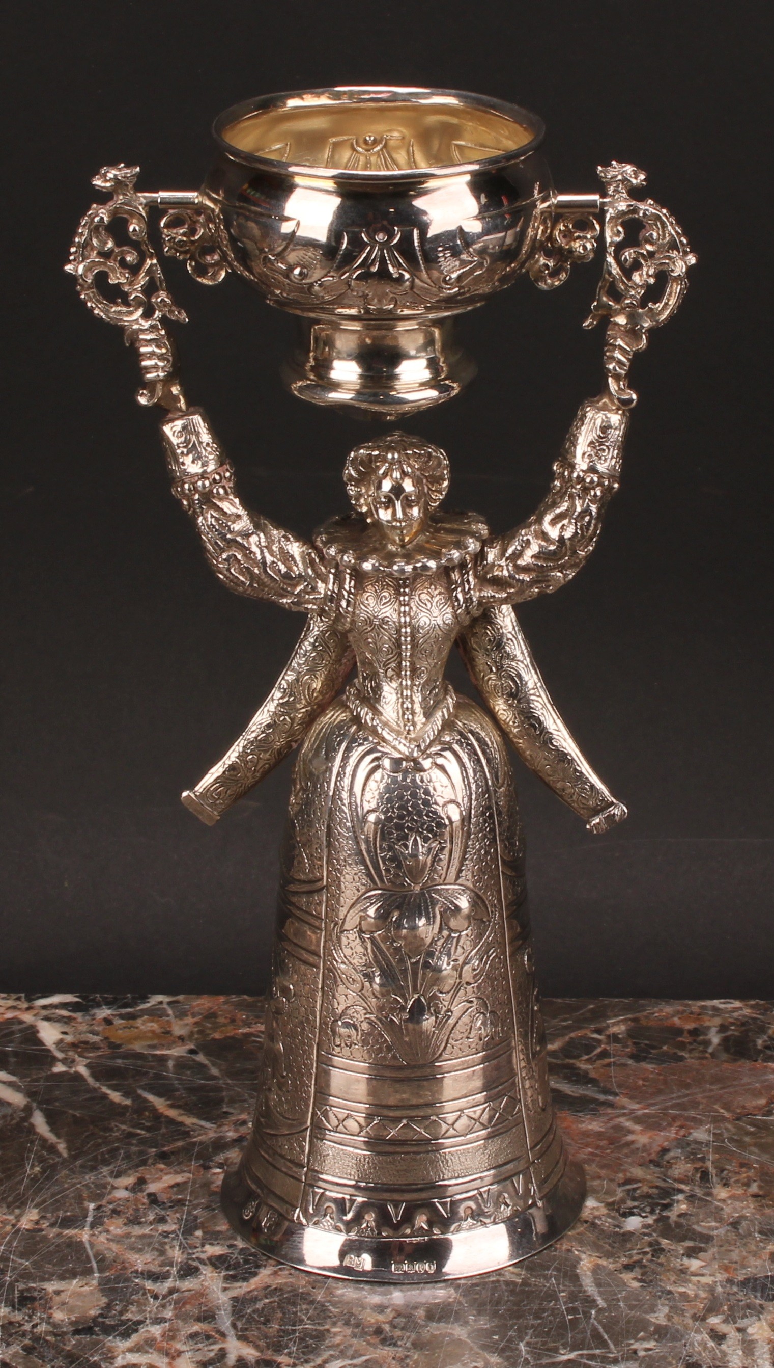 A Continental silver figural wager cup, of typical Renaissance figural form, 21cm high, import marks - Image 2 of 5
