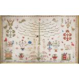 A Victorian needlework sampler, by Frances Hughes, aged 16, worked in coloured wools with Tree of