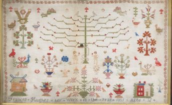 A Victorian needlework sampler, by Frances Hughes, aged 16, worked in coloured wools with Tree of