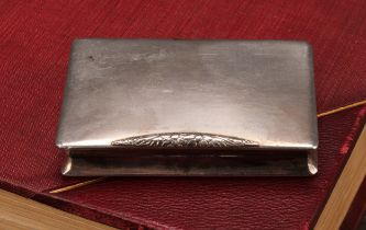 A Continental silver waisted rectangular snuff box, hinged cover, quite plain, leafy thumbpiece,