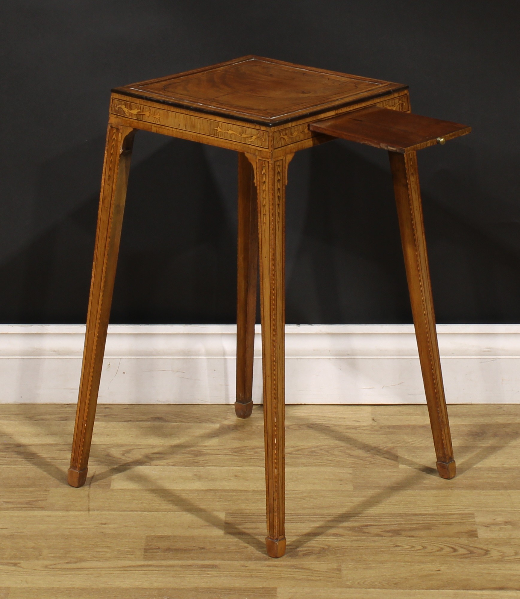 A George III Sheraton period mahogany, rosewood and tulipwood kettle stand, panel top above a slide, - Image 2 of 4