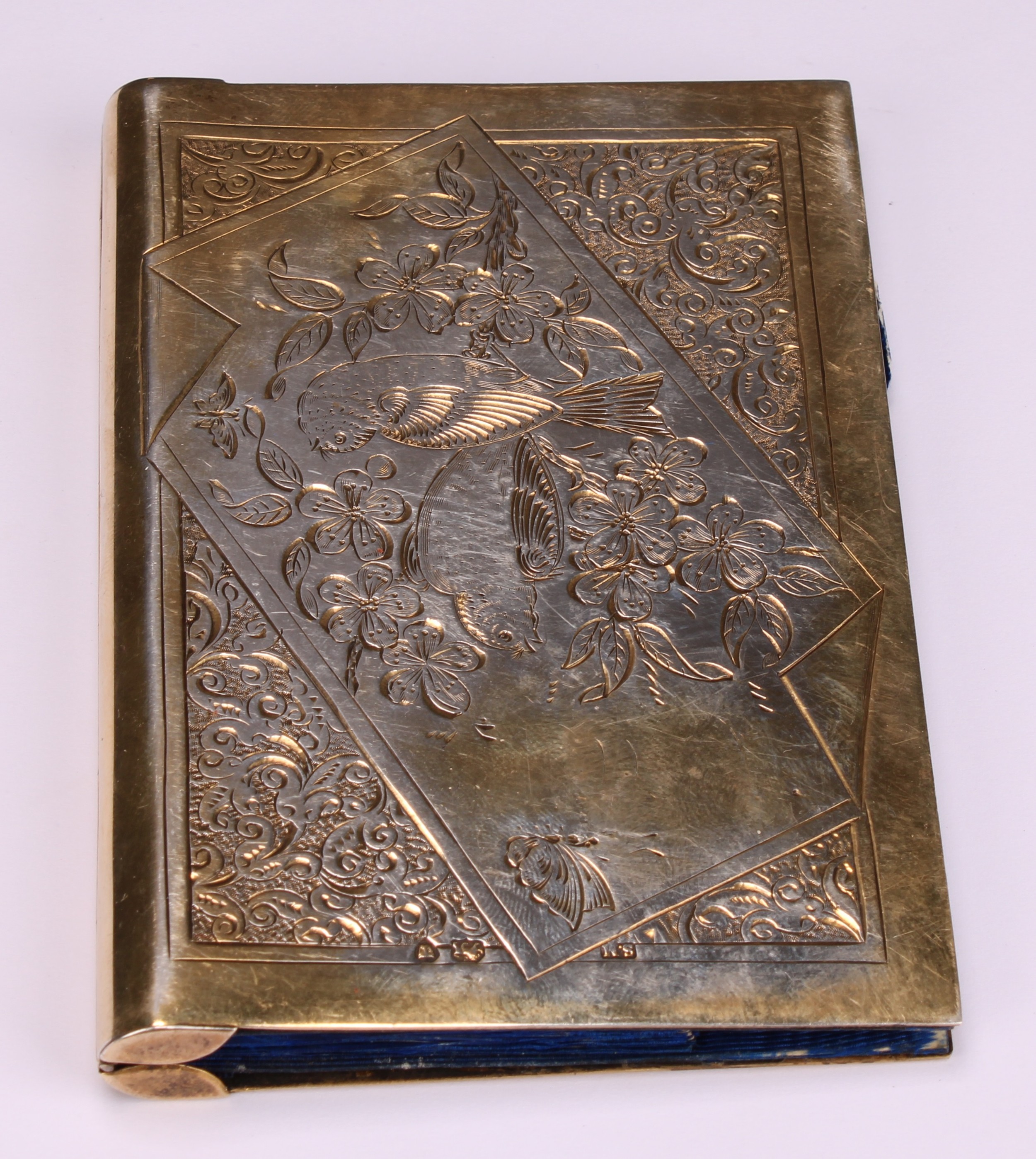 A Victorian Aesthetic Movement silver-gilt rectangular card case, engraved with birds, blossom and - Image 2 of 5