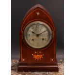 An Edwardian mahogany and parquetry lancet-arch mantel clock, 14.5cm circular silvered dial