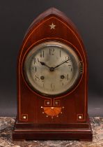 An Edwardian mahogany and parquetry lancet-arch mantel clock, 14.5cm circular silvered dial