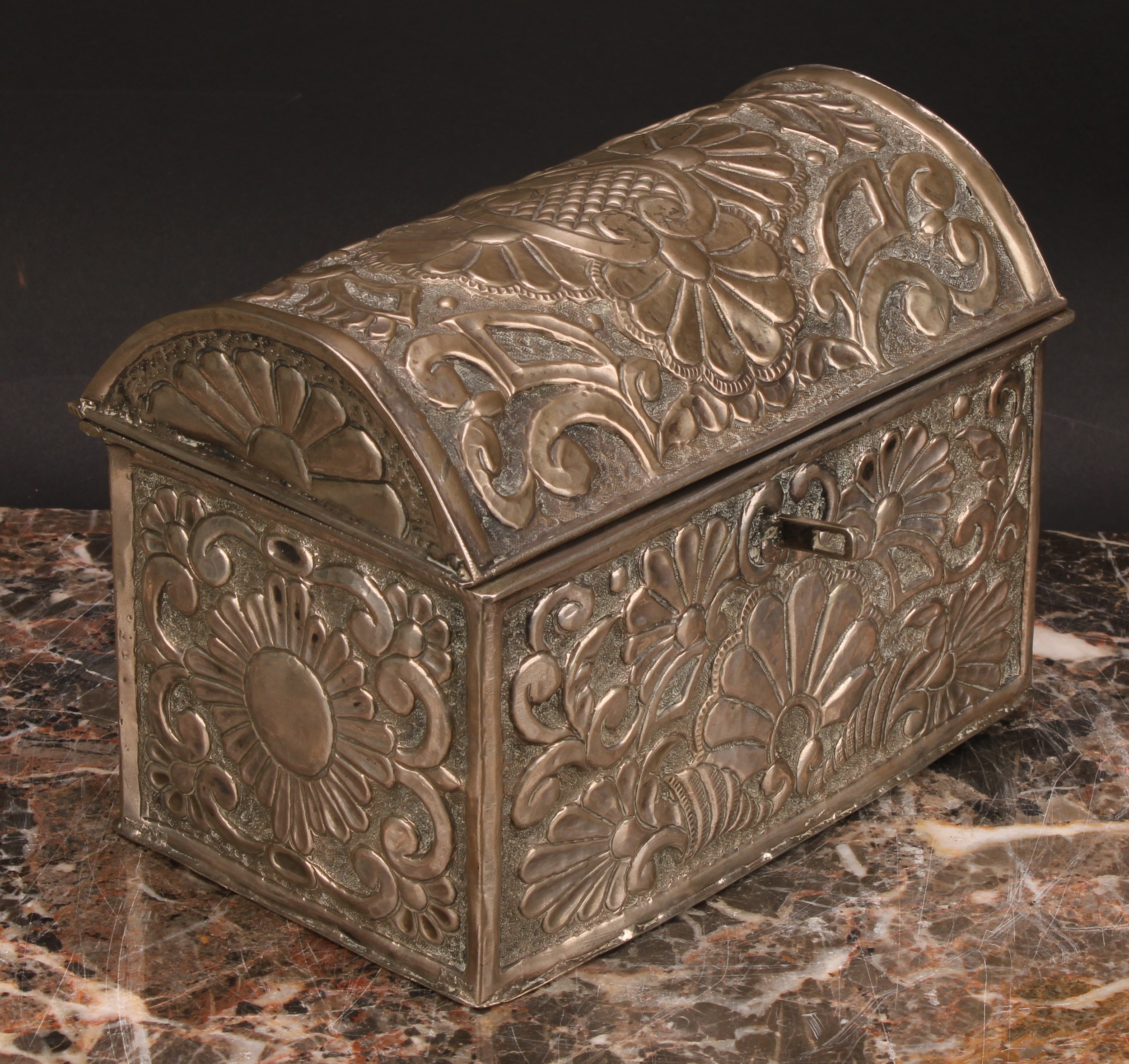 An early 20th century silver coloured metal rectangular casket, probably South American, chased with - Image 3 of 5