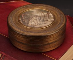 A 19th century gilt metal circular box, the push-fitting cover set with a polychrome print depicting