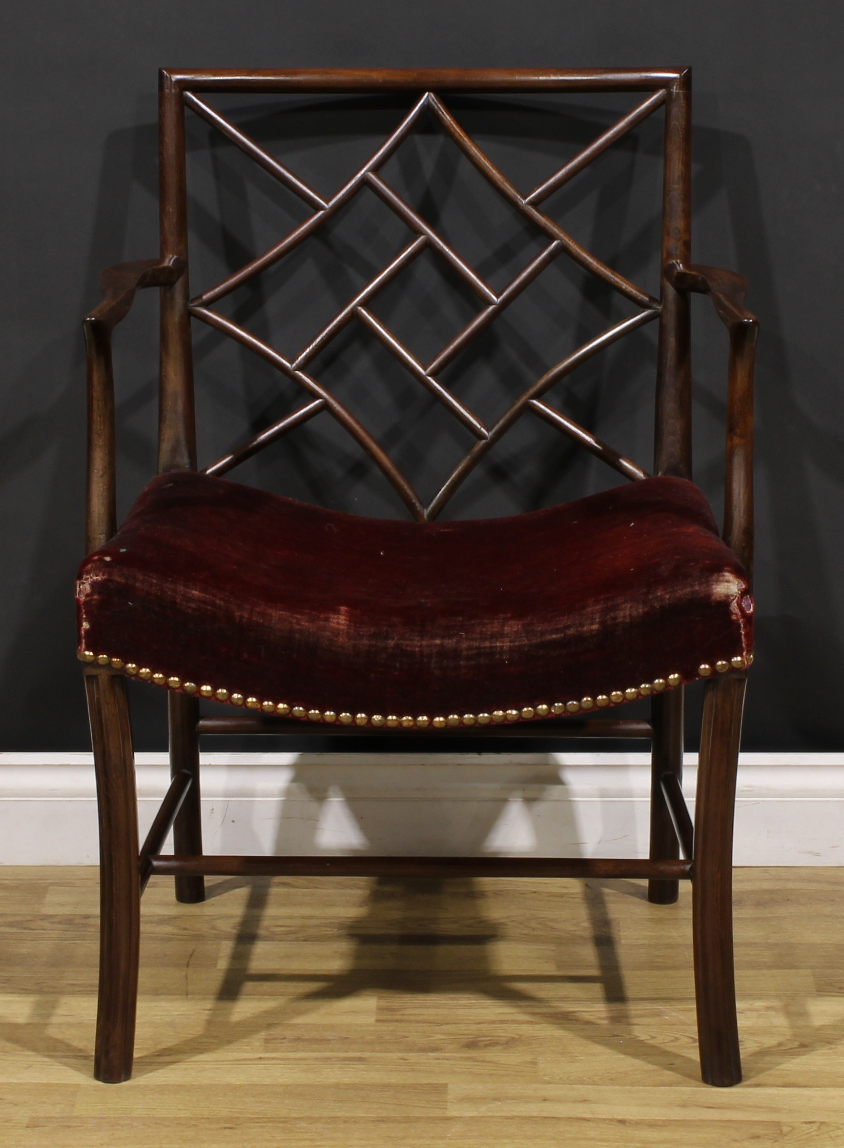 A George III Scottish laburnum Cockpen armchair, dished stuffed-over seat, moulded forelegs, H-