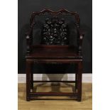 A Chinese hardwood Taishi armchair, shaped cresting rail carved with scrolls, the splat pierced