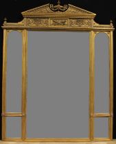 A substantial Louis XVI Revival giltwood and gesso salle de bal looking glass, broken-arch