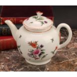 A Worcester globular teapot and cover, painted with floral bouquets and sprigs in polychrome, line