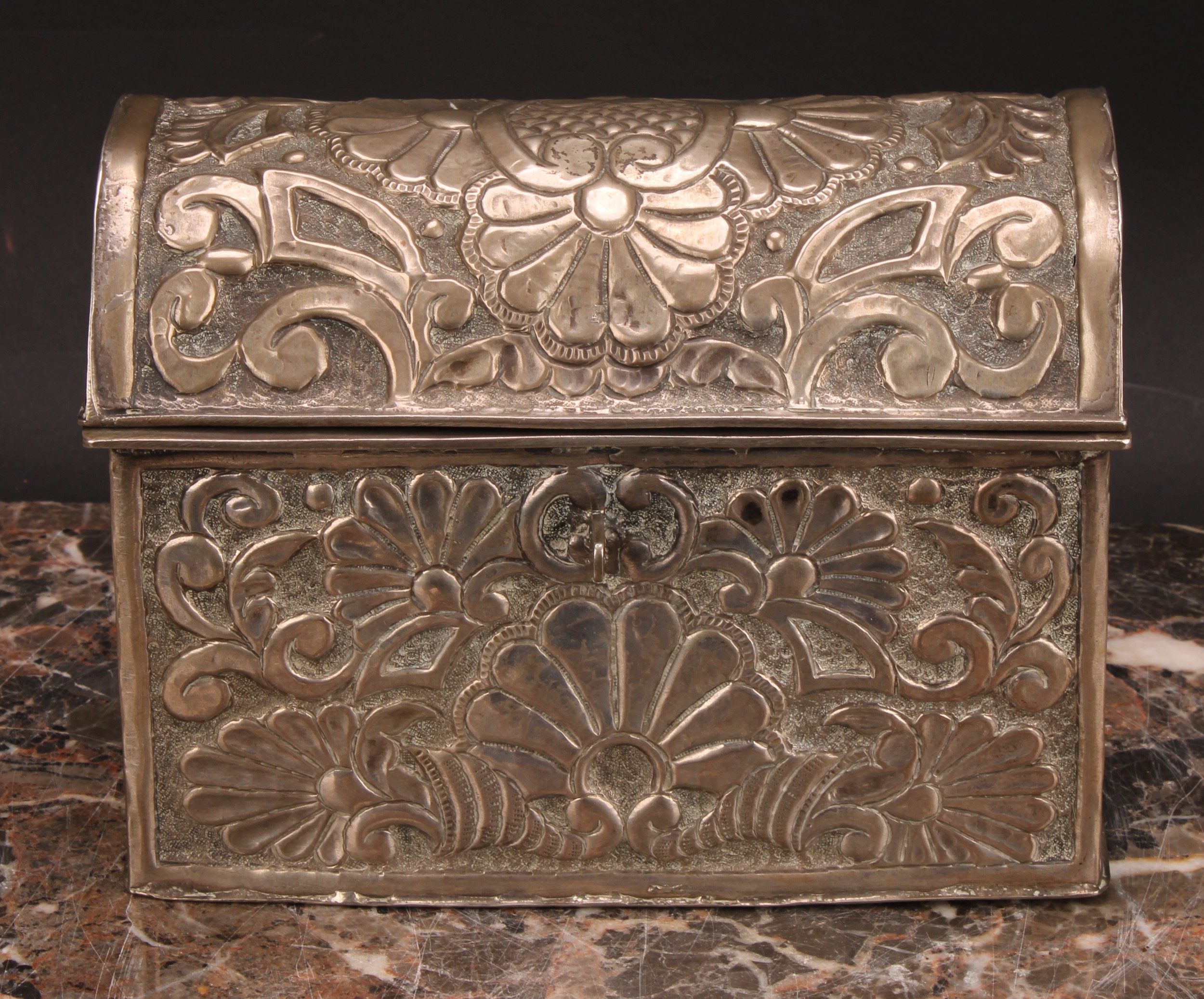 An early 20th century silver coloured metal rectangular casket, probably South American, chased with - Image 2 of 5