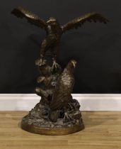 Manner of Christopher Fratin, a large bronze group, Eagles, perched on a tree stump, 78.5cm high