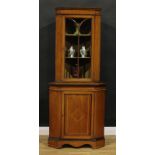 An Edwardian satinwood and barber pole banded mahogany corner display cabinet, 178cm high, 76cm