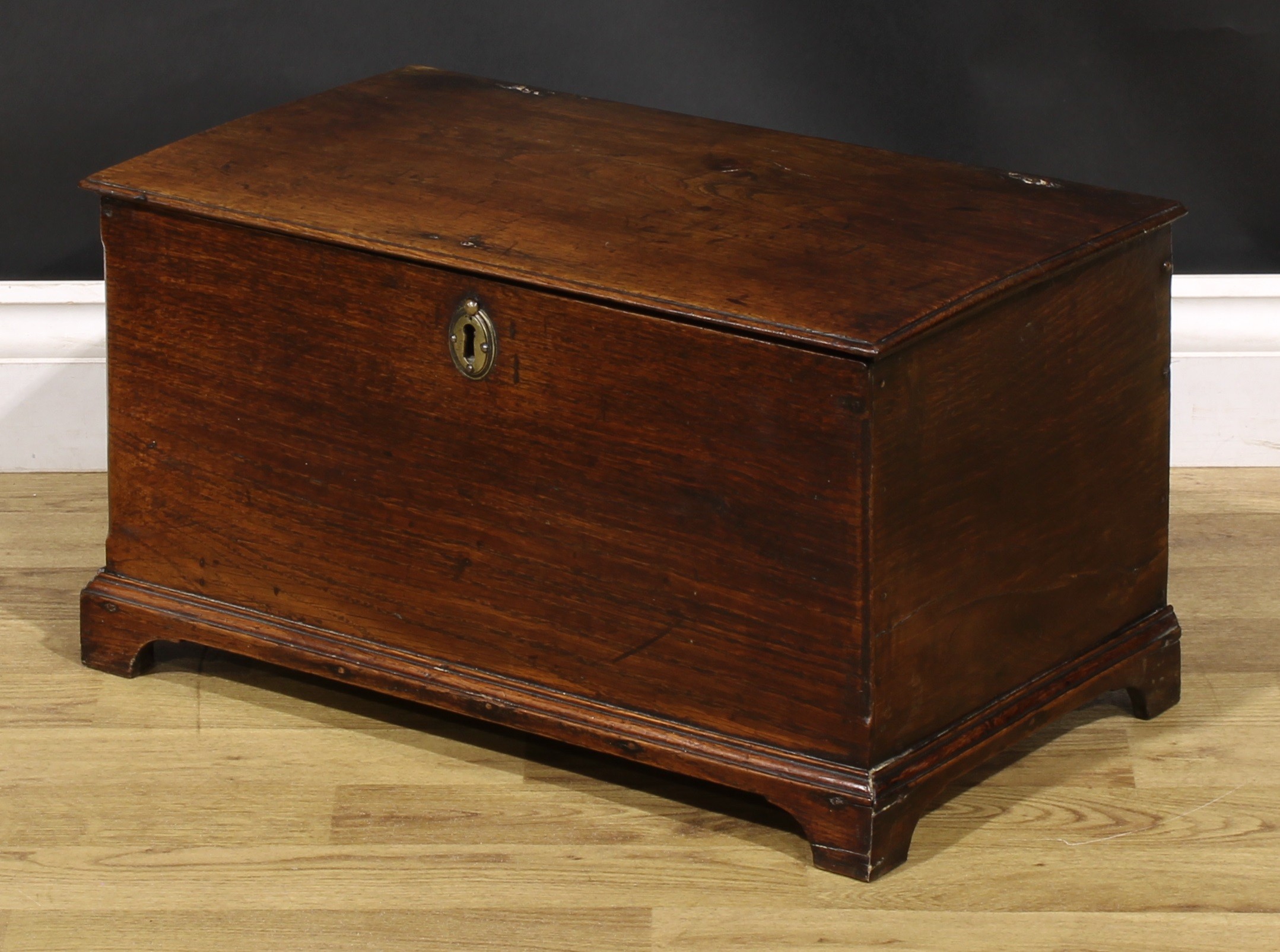 A George III oak table box six plank boarded table box, hinged cover, bracket feet, 29.5cm high, - Image 4 of 4