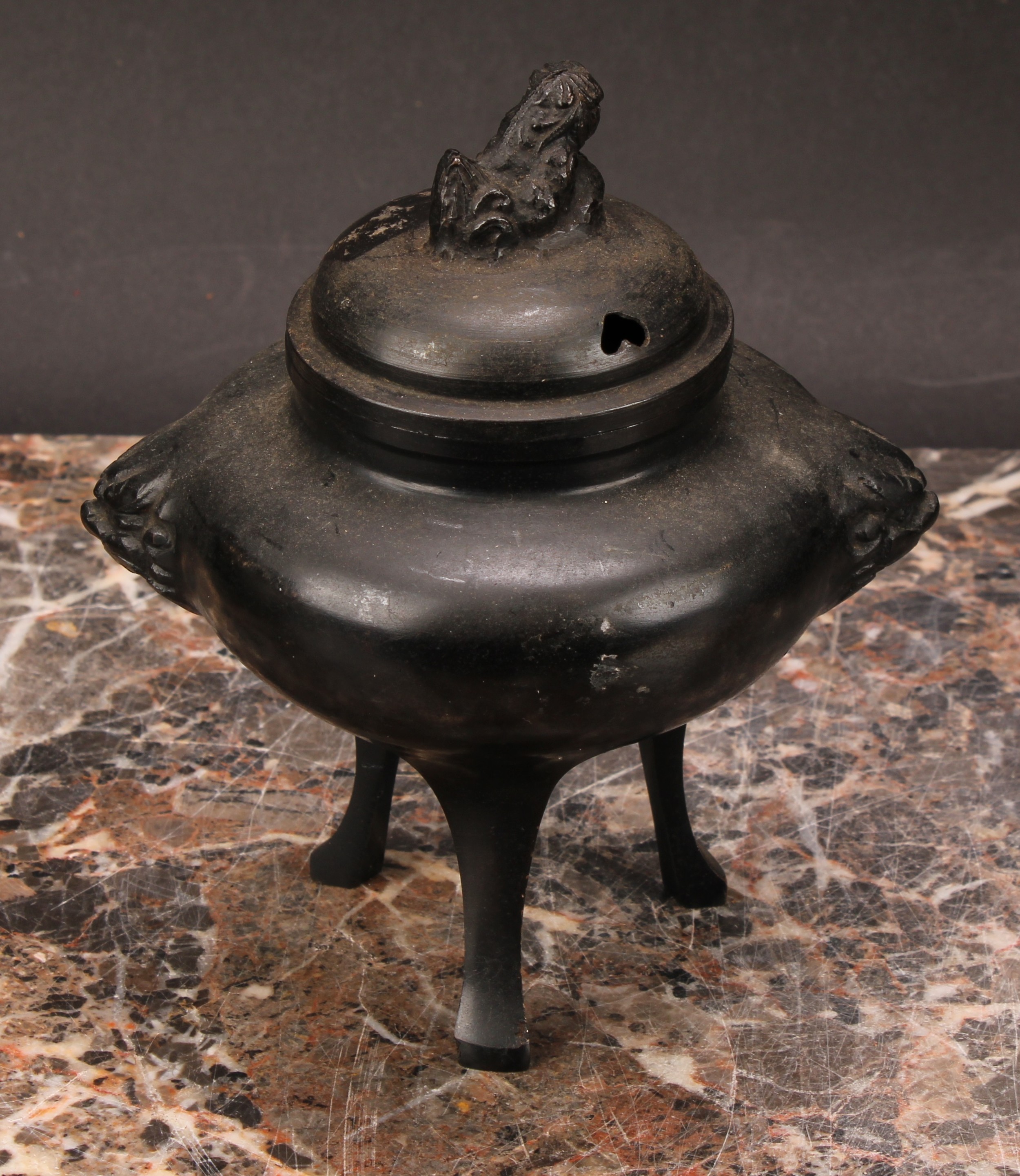 A Japanese bronze tripod koro, 14cm high; a Japanese cast iron chagama, 17cm high (2) - Image 3 of 6